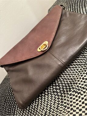 Vintage Two-Tone Leather Foldover Clutch - Brown/Mahogany